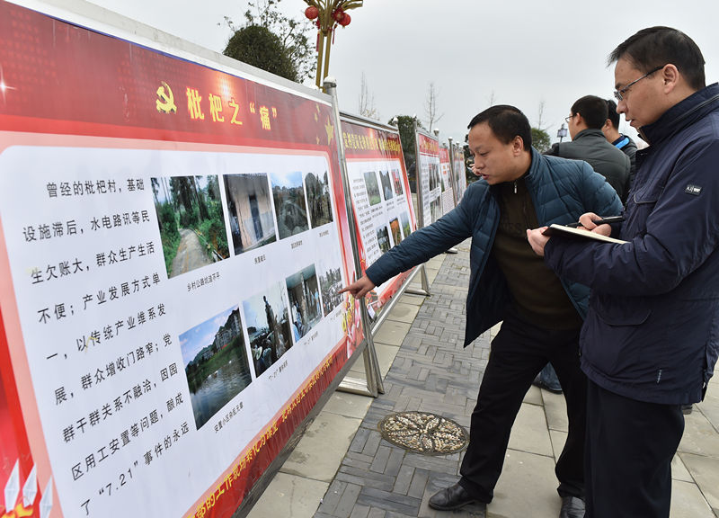仁怀市委组织部副部长曹伟（伸手者）正在向记者介绍过去枇杷村社会治理混乱引发的“枇杷之痛”（2016年12月13日摄）。新华社记者 李贺 摄