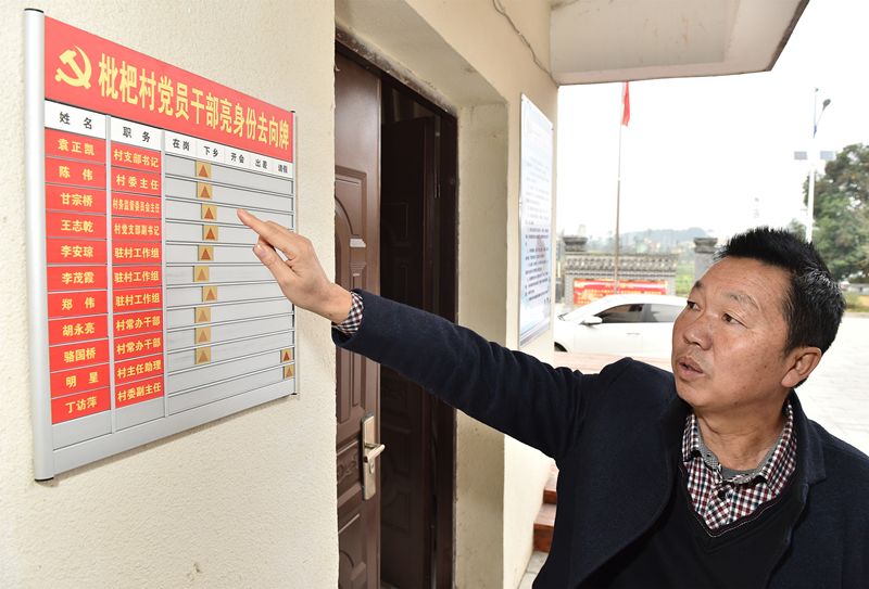 仁怀市坛厂街道枇杷村党支部书记袁正凯正在向记者介绍枇杷村党员干部亮身份去向挂牌制度（2016年12月13日摄）。 新华社记者 李贺 摄